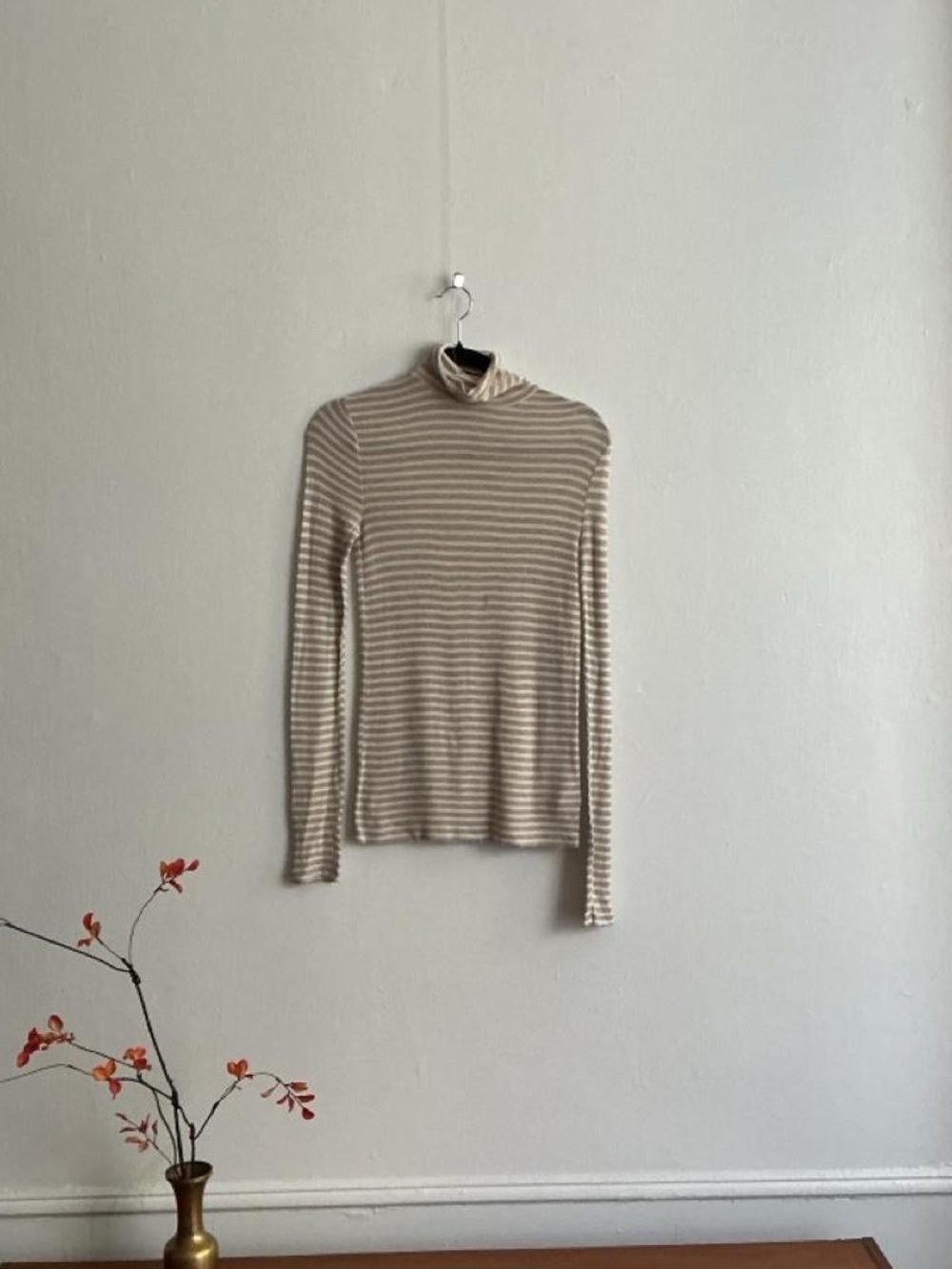 Striped Beige and Cream Turtleneck Long Sleeve Top